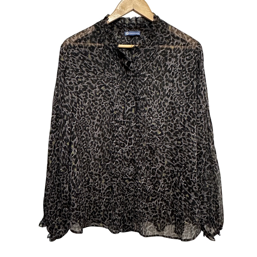 Democracy Blouse Womens 3X Gray Leopard Sheer Ruffle Neck Long Animal Print Top